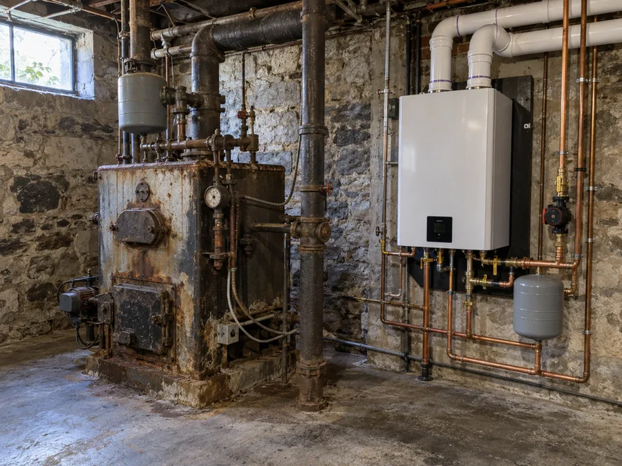 Old cast-iron boiler next to a new compact boiler in a stone basement